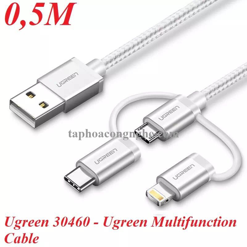 Ugreen 30460 0.5M màu Trắng Cáp sạc đa năng USB sang TypeC + Micro + Lightning US186 30030460